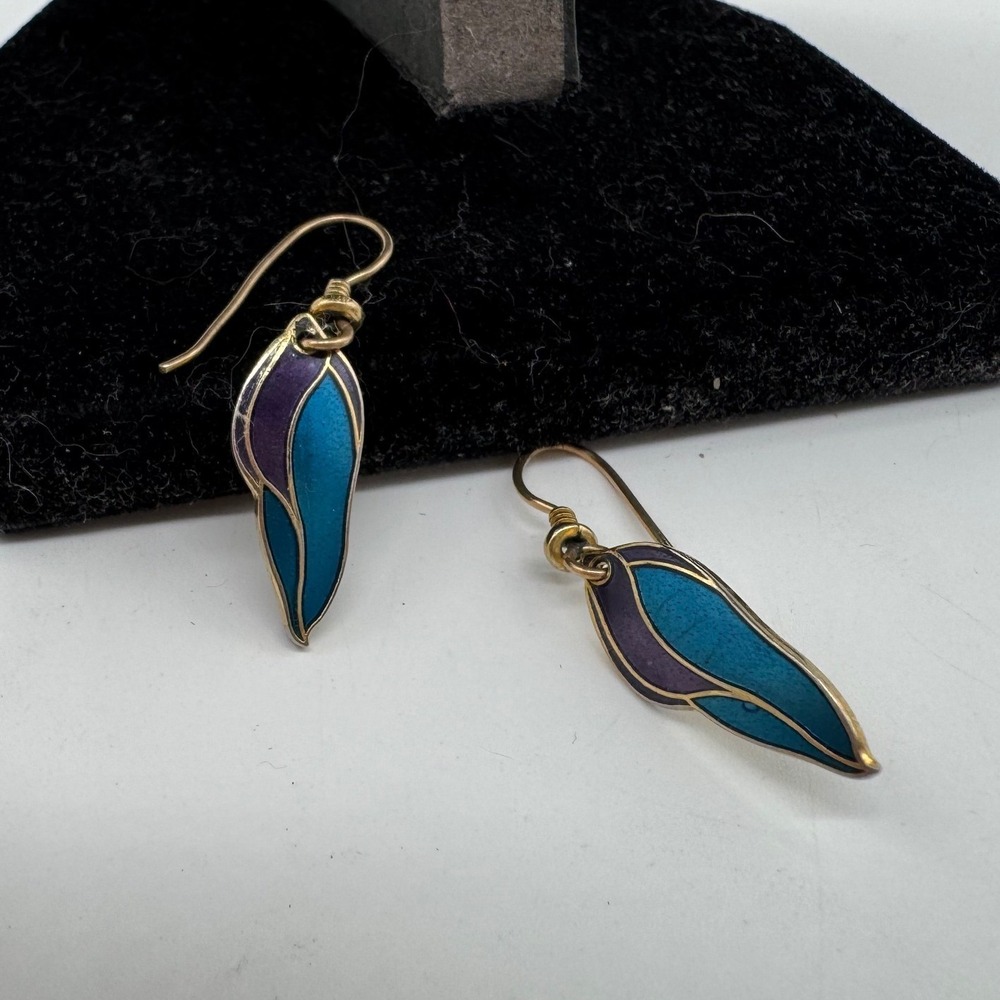 Laurel Burch Barbee's Blossom Enamel Drop Earrings Teal Purple Vintage Jewelry